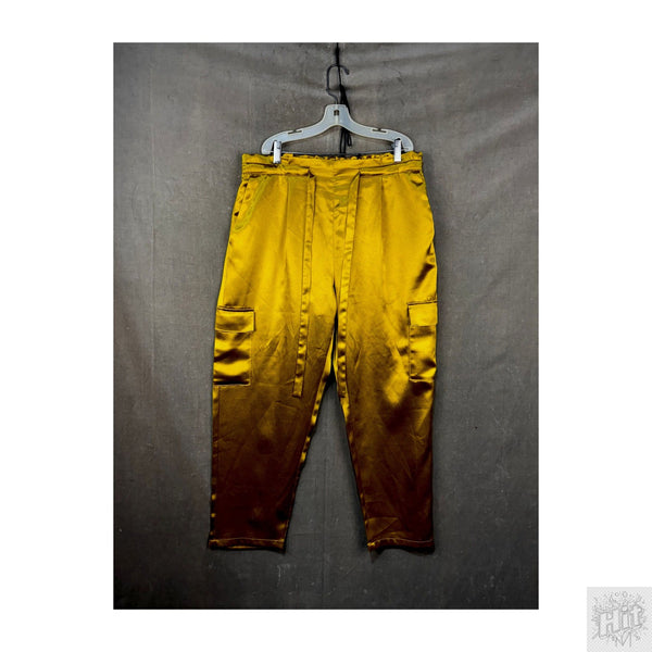 Vibrant Gold Satin Cargo Pants with Pockets and Elastic Waist