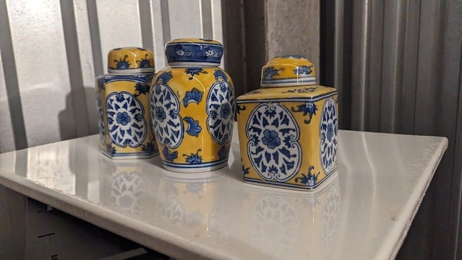 Sx3 Vtg Pottery Asian Ceramic Lidded Vases Blue, Yellow, & White + 2 Bonus!