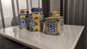 Sx3 Vtg Pottery Asian Ceramic Lidded Vases Blue, Yellow, & White + 2 Bonus! 1