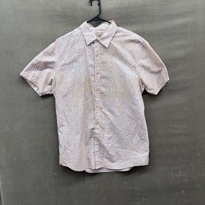 Pre-Owned Mens Large Orange Blue Geometric Short Sleeve Button Up Shirt Polyeste