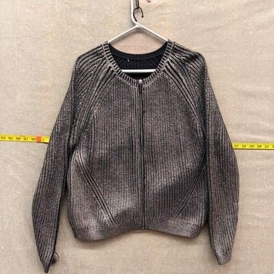 DKNY Sweater Womens Black Silver Metallic Zip Front Raglan Knit Bomber Jacket