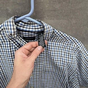 Van Heusen Shirt Mens Medium Blue Brown Plaid Button Up Classic Fit Short Sleeve 2