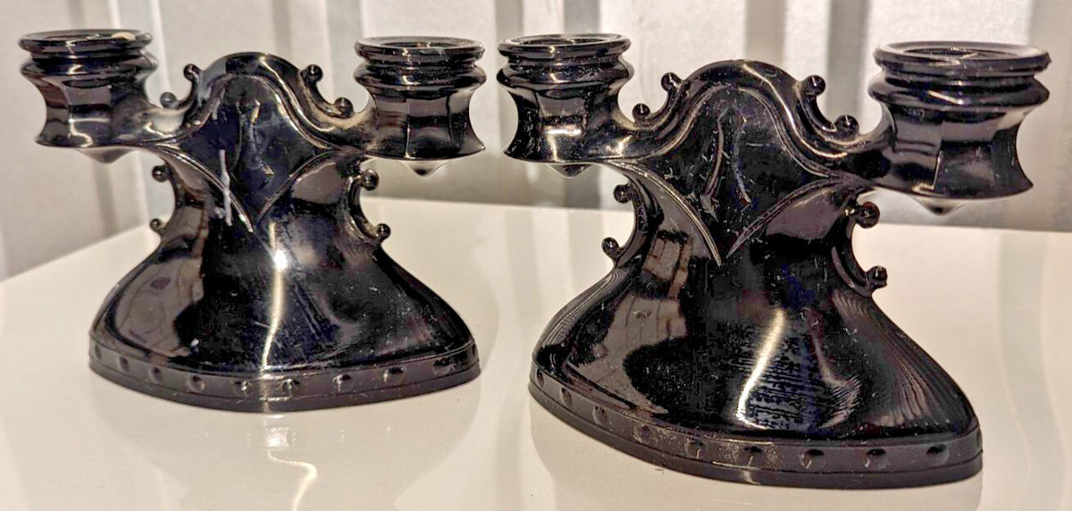 LE Smith Art Deco Double Candle Holders Black Amethyst Glass Used
