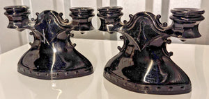 LE Smith Art Deco Double Candle Holders Black Amethyst Glass Used 1