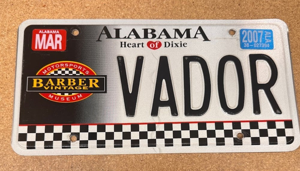 Alabama Barber Vintage Motorsports Museum Exired License Plate Darth VADOR