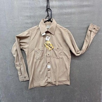 Gimbels Vintage Shirt Mens Medium Tan Faux Suede Nylon Knit Made USA 70s New wit