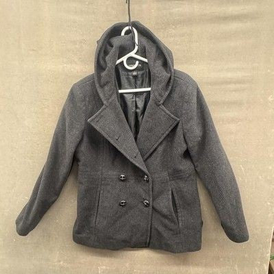 London Fog Womens Wool Blend Hooded Double Breasted Coat Large Pre-Owned Gray