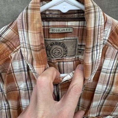 GH Bass Earth Shirt Mens Medium Brown Orange Plaid Short Sleeve Button Up Casual