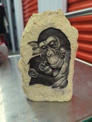 Vintage Handmade Etching Stone Rock Chimpanzee Monkey Mama Baby Figurine Used
