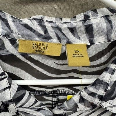 Valerie Stevens Blouse Womens 2XL Black White Zebra Print Sheer Button Up Pre-Ow