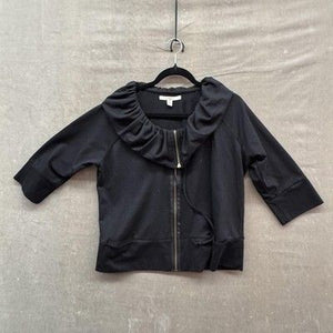 Ruffle Collar Zip Jacket Womens Large Black 3/4 Sleeve Cotton Blend Knit Pockets 1