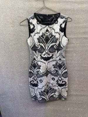 Elie Tahari Dress Sleeveless Jacquard Sheath Gray Black White US 2 UK 6 Pre-Owne
