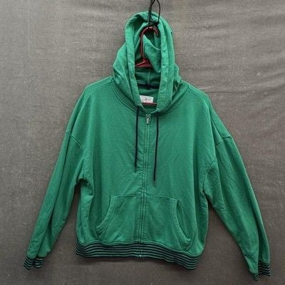Lou & Grey Hoodie Womens Large Green Zip Up Cotton Blend Striped Hem Cuffs Navy