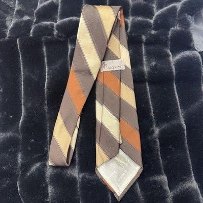 Bronzini Tie Mens Brown Tan Orange Striped Necktie Classic Polyester Business