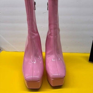 Pink Patent Leather Platform Boots Square Toe Block Heel Mid Calf Side Zip Shoes 4
