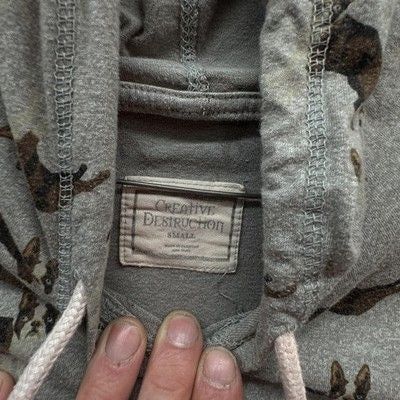 Creative Destruction Hoodie Womens Small Gray Dog Print Lightweight Pullover Pre