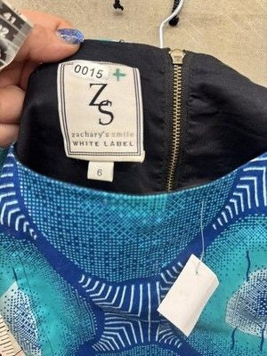 Zacharys Smile White Label Dress Womens 6 Blue Teal Geometric Pockets Fit Flare 4