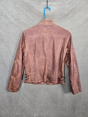 Lord & Taylor Women's Brown Faux Leather Moto Jacket Zip Pockets Size 2 3