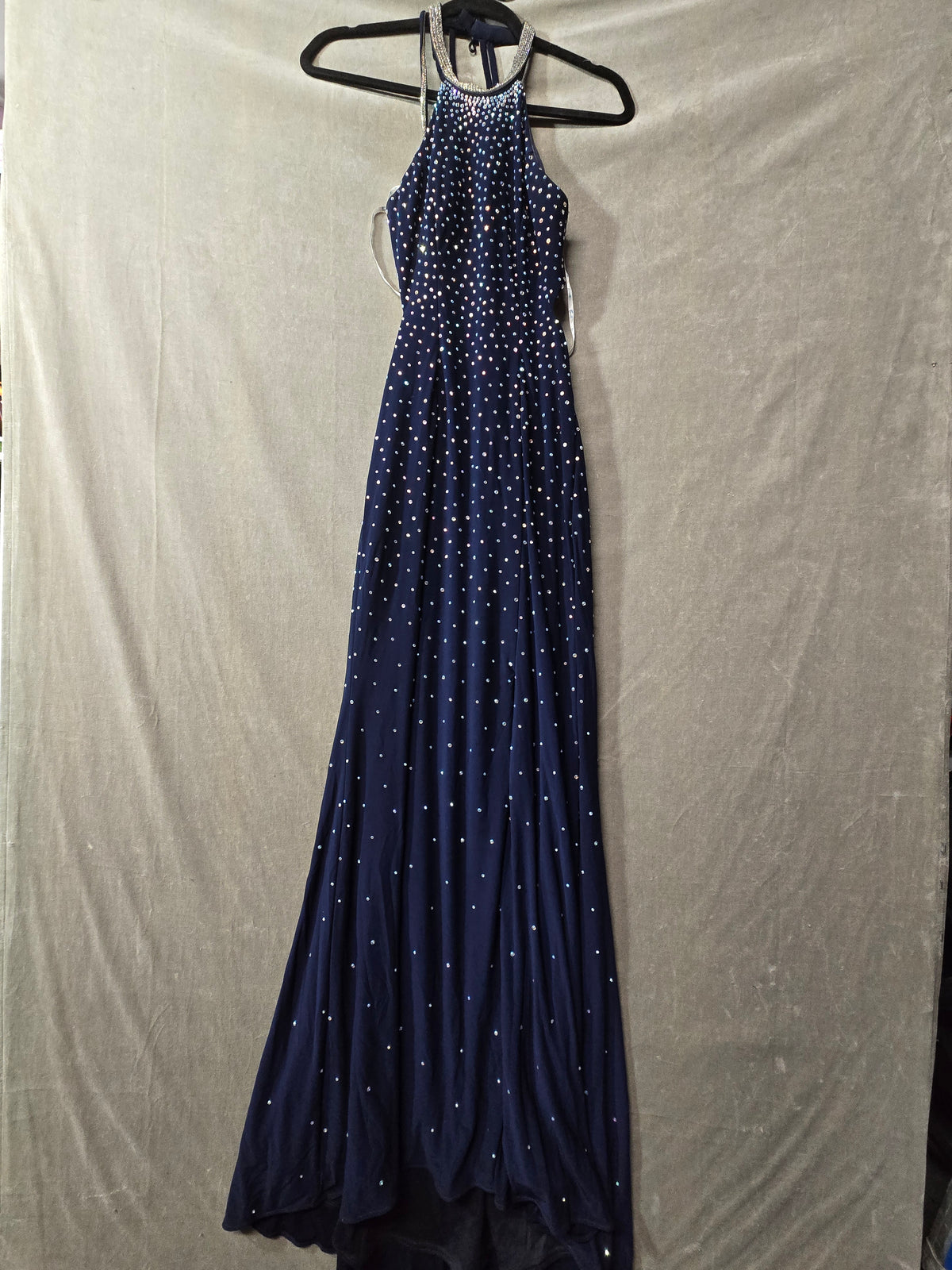 Camille Navy Blue Rhinestone Halter Prom Gown Open Back Mermaid Formal Size 0