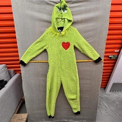 Dr Seuss Grinch One-piece Pajamas Small Green Fleece Hooded Zip Costume Used