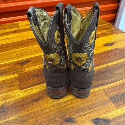 Herencia Brown Leather Kids Western Cowboy Boots US Size 15.5 Sunflower