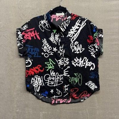 Jon & Anna Shirt Mens Large Black Graffiti Print Button Up Pre-Owned Excellent