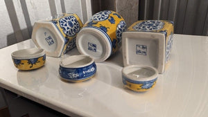 Vintage Asian Ceramic Lidded Vases Blue Yellow White with 2 Bonus Pre-Owned 2