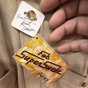 Vintage Gimbels Shirt Mens Medium Tan Faux Suede Arnel Nylon Knit Made USA 70s 5