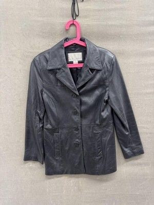 Nine West Jacket Womens Medium Black Leather Blazer Button Front Pockets Classic 4