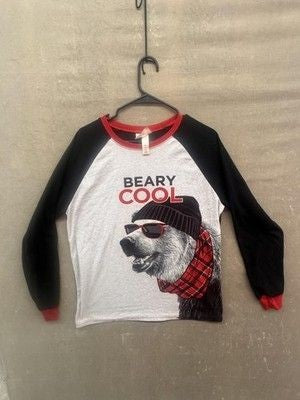 PJs + Pancakes Shirt Mens Medium Black Red Gray Beary Cool Raglan Pajama Top
