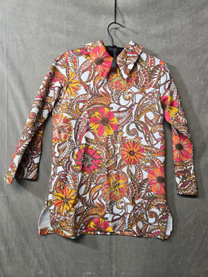 Vintage 70s Women's Psychedelic Floral Mod Tunic Top Dagger Collar Retro Hippie 1