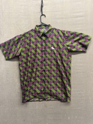 Mens Short Sleeve Button Shirt Large Geometric Pattern Embroidered Pig Casual 2