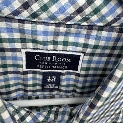 Club Room Shirt Mens 16.5 32/33 Blue Green Plaid Regular Fit Performance New