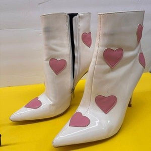 White Patent Leather Stiletto Ankle Boots Pointed Toe Pink Hearts Pre-Owned Good 1