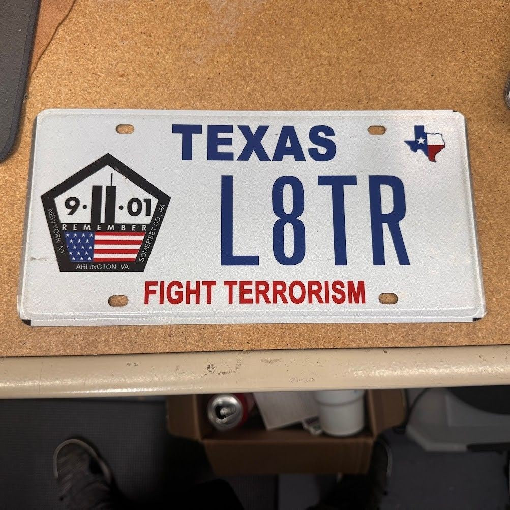 9/11 License Plate Texas Fight Terrorism Graphic License Plate TX L8TR