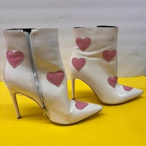 White Patent Leather Heart Print Pointed Toe Stiletto Ankle Boots Pink Hearts 4