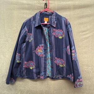 Hearts of Palm Womens Jacket 18 Blue Floral Embroidered Button Front Lined Pre-O 2