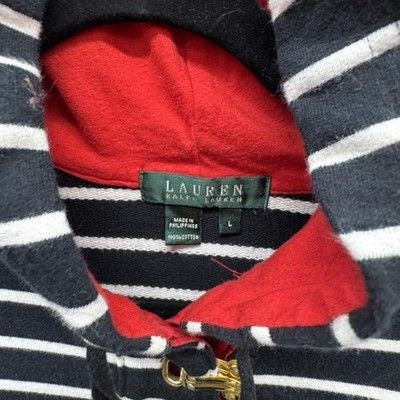 Lauren Ralph Lauren Hoodie Womens Large Black White Striped Toggle Red Lined