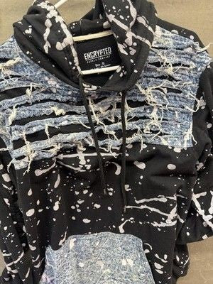 Encrypted Hoodie Mens XL Distressed Bleach Splatter Ripped Denim Patch Pullover 4