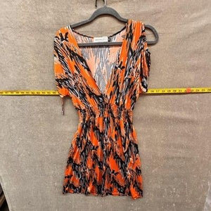 Veronica M Dress Womens Small Orange Black Abstract V Neck Elastic Waist Mini 2