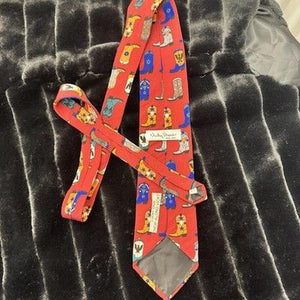 Vicky Davis Tie Mens Cowboy Boots Red Silk Novelty Western Print Pre-Owned Good 1
