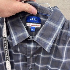 APT 9 Shirt Mens Large Blue Gray Plaid Short Sleeve Button Up Smart Temp 4
