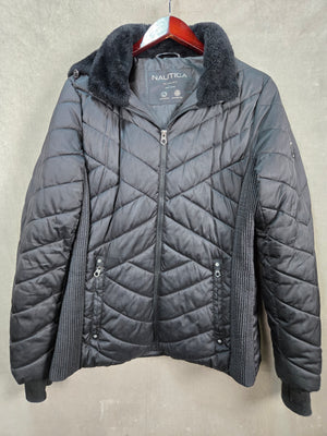 Nautica Men's Black Quilted Puffer Jacket Faux Fur Hood Water Resistant L 1