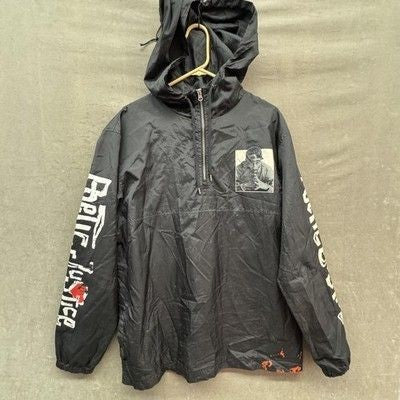 Poetic Justice Mens XL Black Half Zip Windbreaker Hooded Anorak Pre-Owned