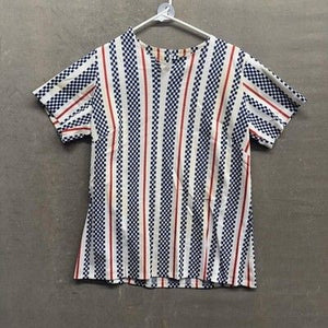 Vintage Stripe Shirt Womens Large Blue Red White Short Sleeve Mod Retro 70s Top 4
