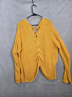 Women's Mustard Yellow Lace Up Back Open Knit Cardigan Sweater Size L 3