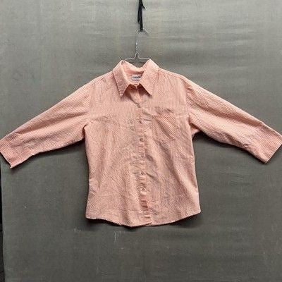 Chicos Shirt Womens Size 1 Pink Striped Button Up Seersucker 3/4 Sleeve Top