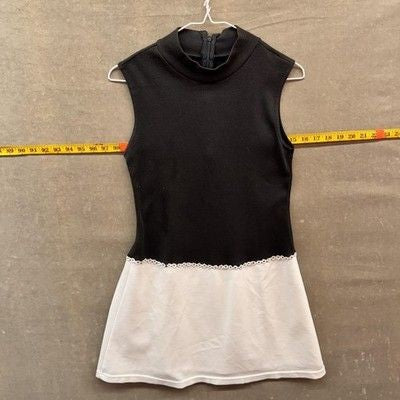 Sleeveless Colorblock Dress Womens Medium Black White Mock Neck A-Line Zip Back