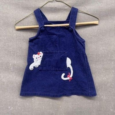 Rare Editions Girls Corduroy Cat Embroidery Navy Blue Overalls 2T Pre-Owned Exce