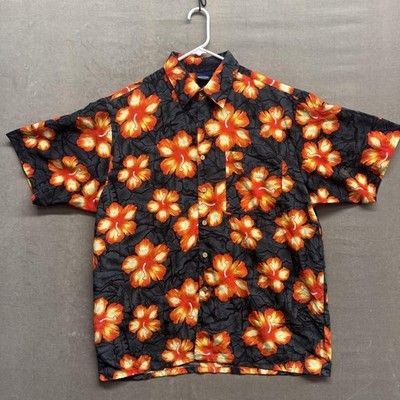 Sideout Shirt Mens Large Black Orange Floral Hawaiian Button Up Short Sleeve